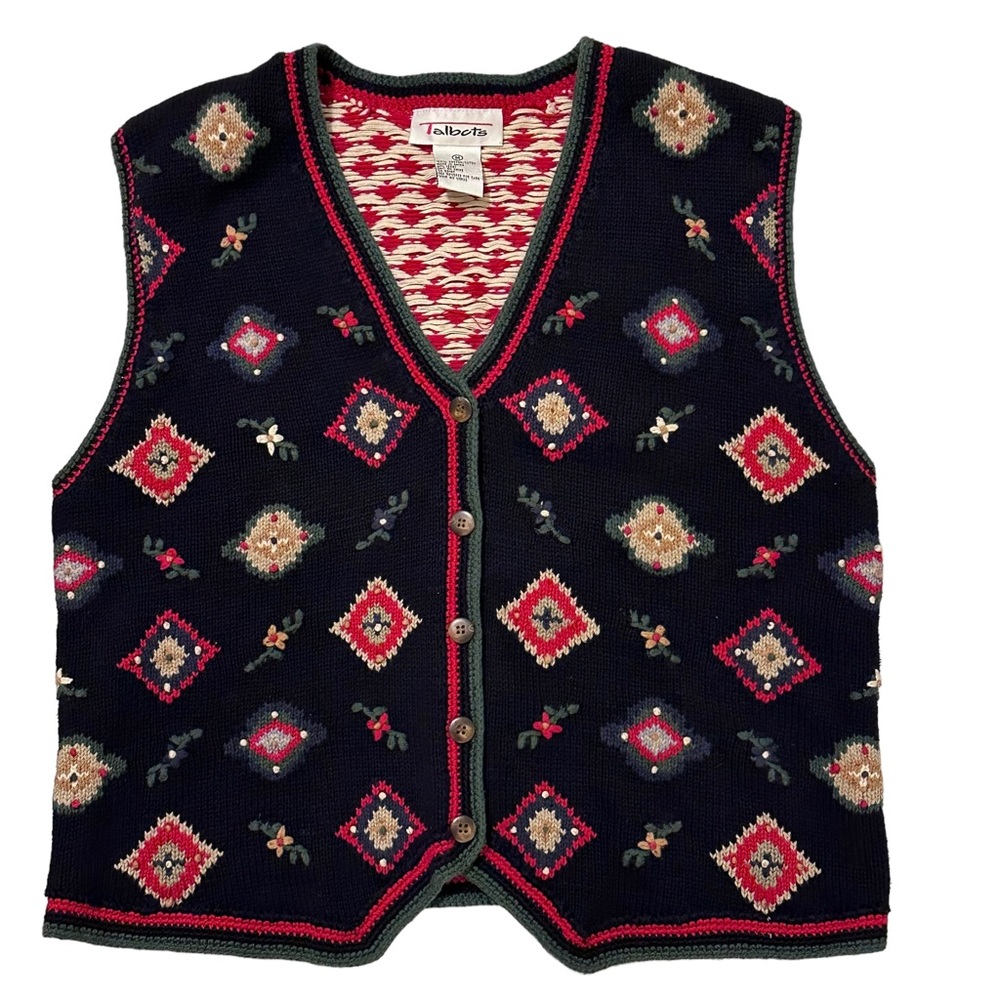 Vintage‎ Talbots Button Down Vest Blue Floral/Holiday Women's Size Medium